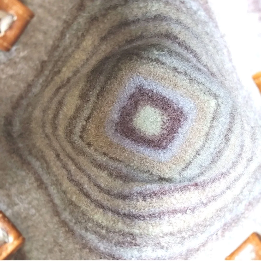 Artisan Handmade Fuzzy Wool Buckle Bag Purse Striped Glass Button Fold Over Top